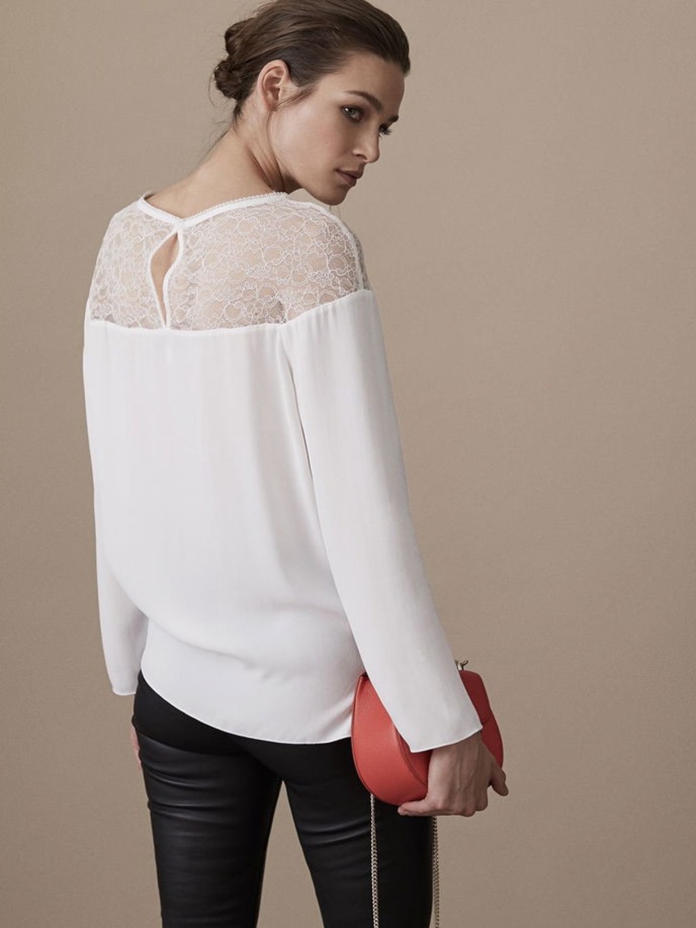 Reiss White Lace-Yoke Blouse with Keyhole Back